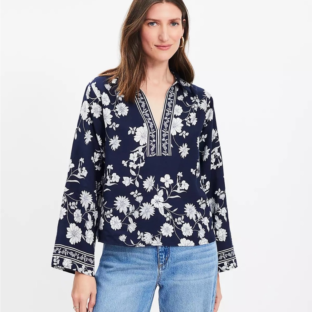 LOFT Navy Blue and White Floral Blouse - size Large- New Without Tags